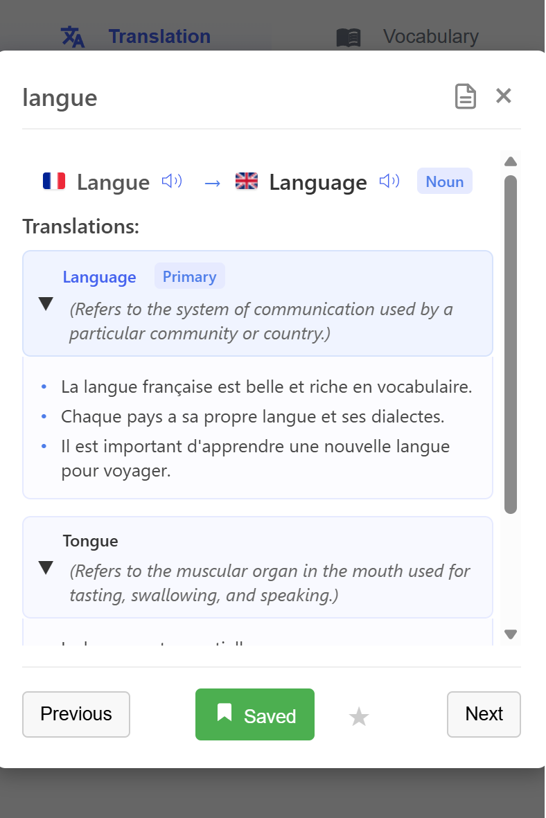 Screenshot of VocabKit tooltip showing part-of-speech, example sentences, and alternative translations.