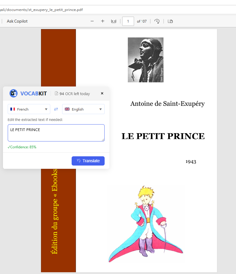 VocabKit OCR feature demonstration showing text extraction and translation from images