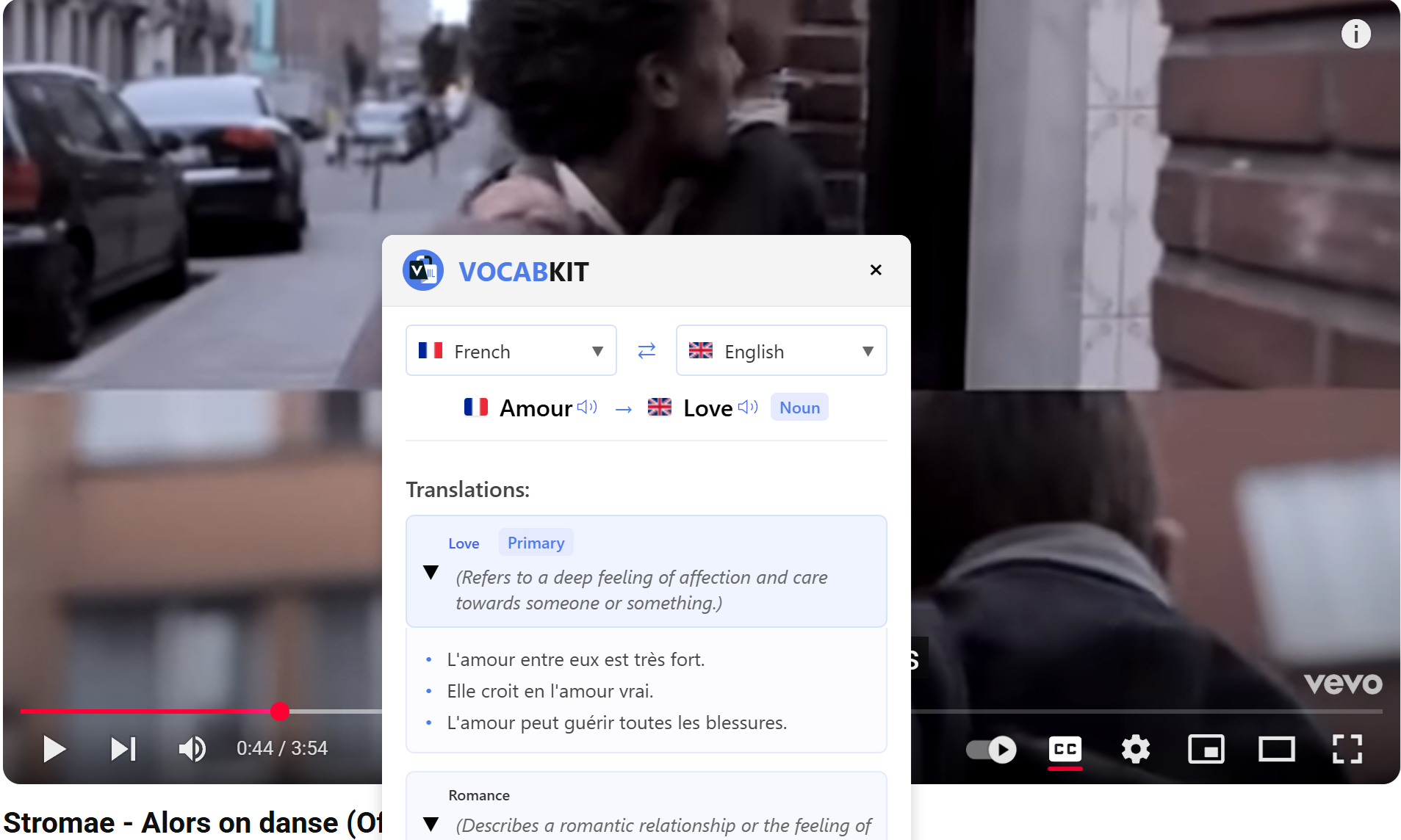 VocabKit translating YouTube captions and streaming platform content